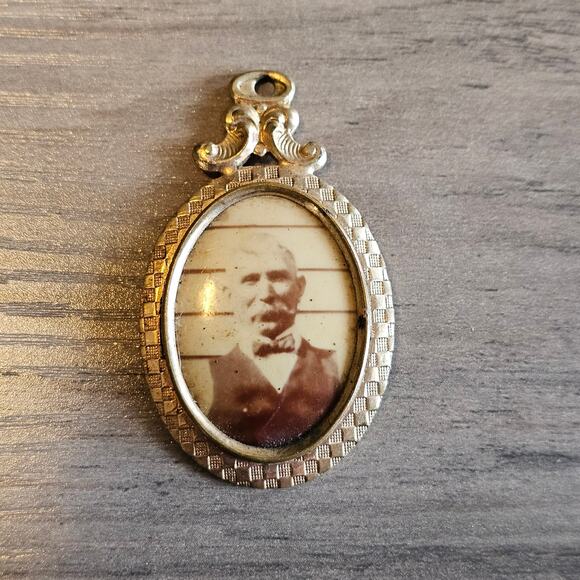 Vintage Gold Oval Photo Pendant with Antique Photo of Man with Mustache & Bowtie - Picture 1 of 5